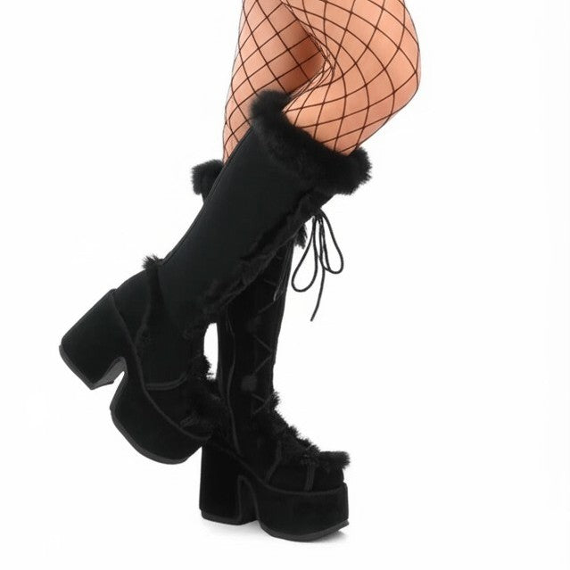 DemoniaCult Camel 311 Womens 5" Heel, Platform Front Lace Knee High Boots