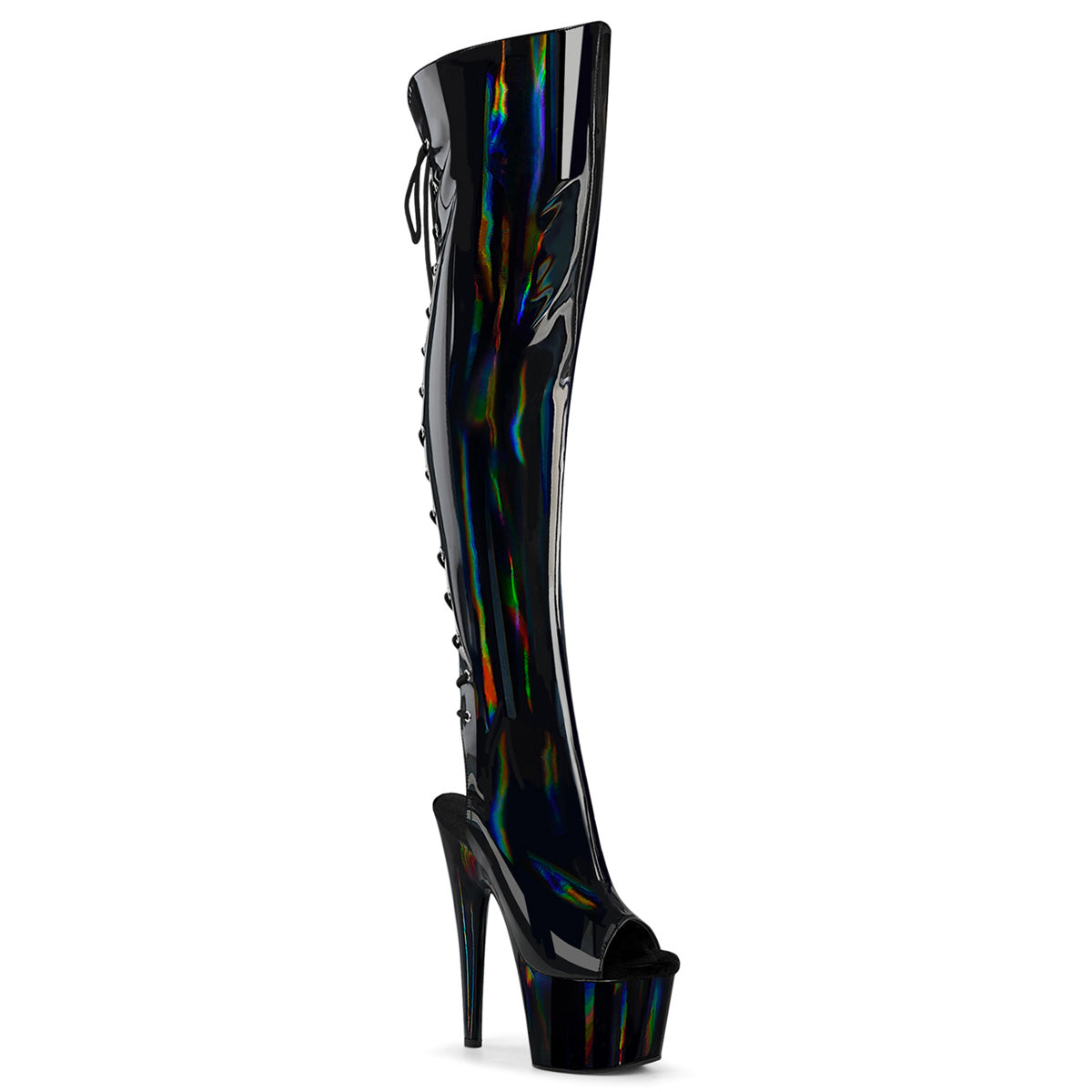 Pleaser Adore 3019HWR Womens 7" Heel, Platform Stretch Fit, Back Lace Peep-Toe Thigh Pole Dance Boots