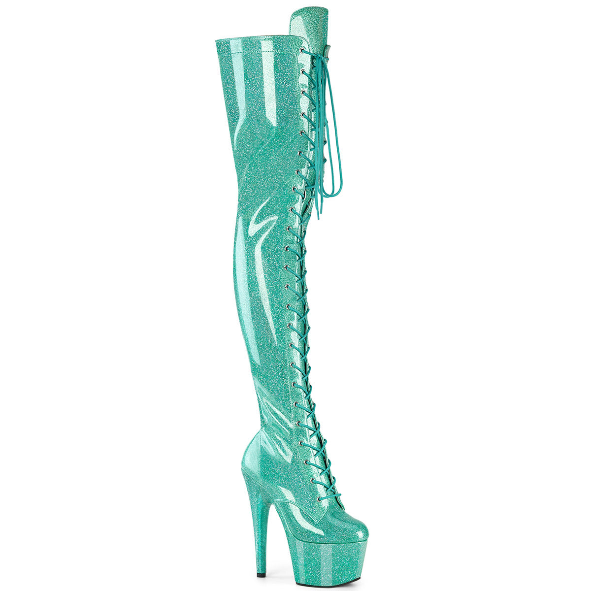 Pleaser Adore 3020GP Womens 7" Heel, Platform Stretch Fit, Front Lace Thigh-High Pole Dance Boots