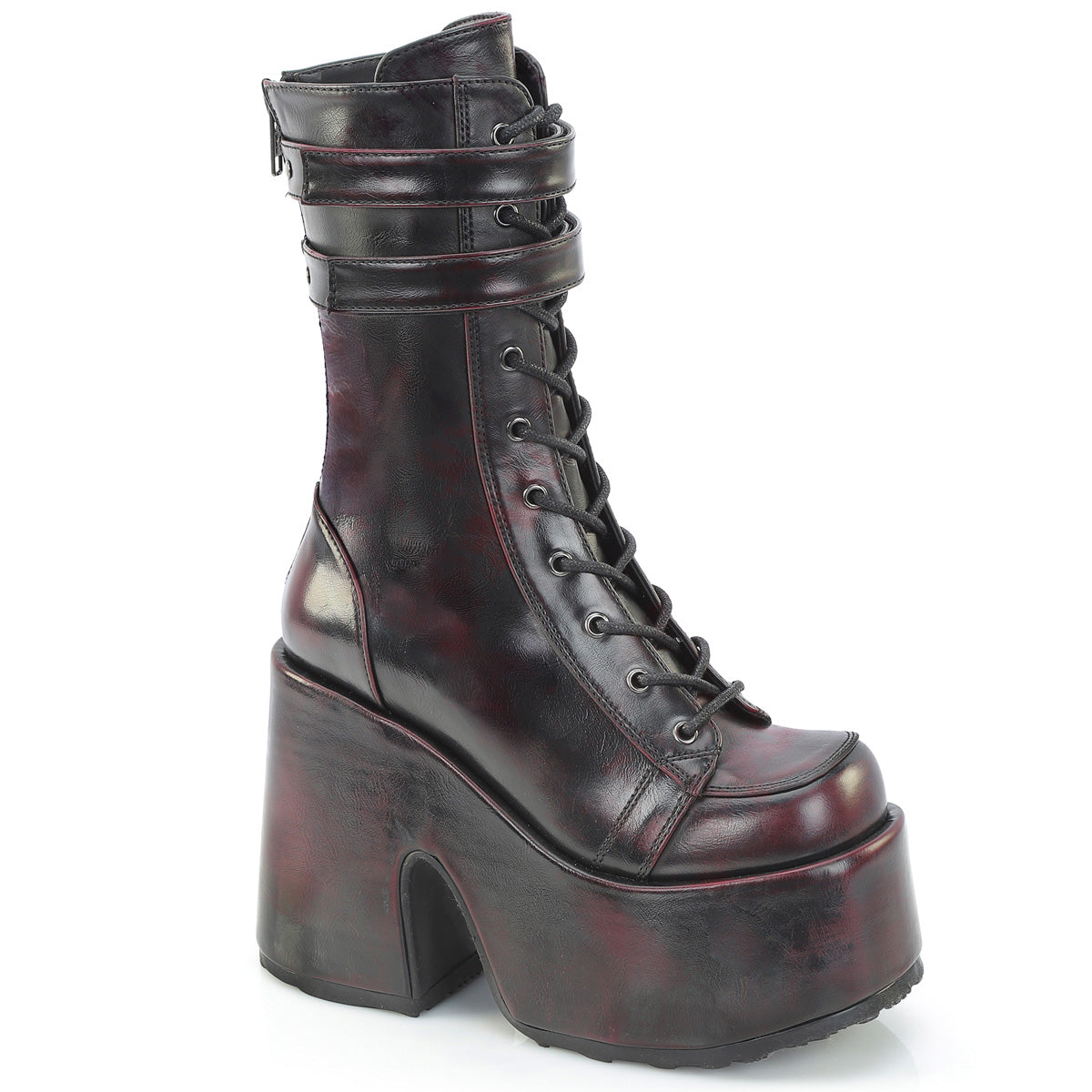 DemoniaCult Camel 250 Womens 5" Heel, Platform Front Lace Calf Length Boots with Buckles
