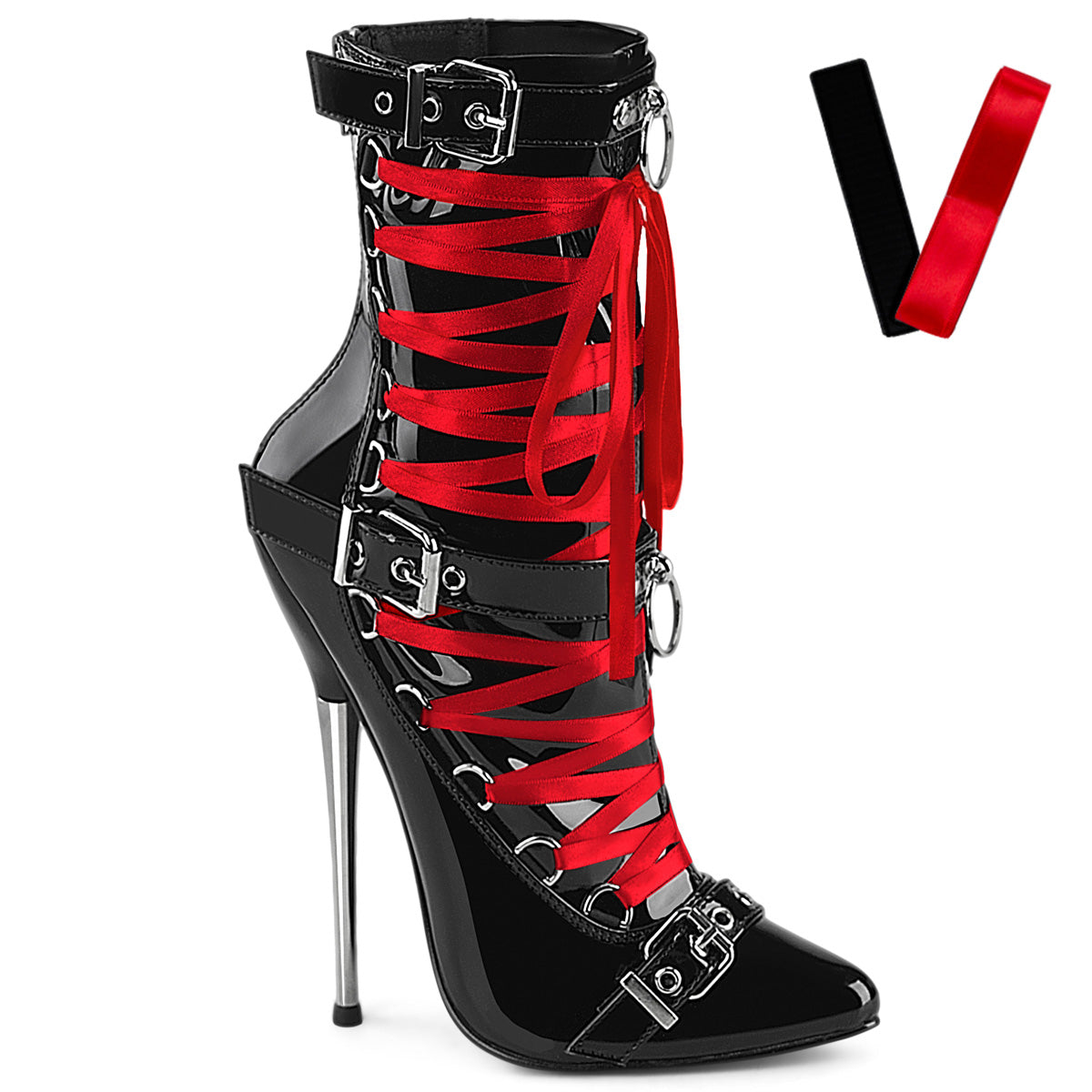 Devious Dagger 1032 Womens 6 1/4 Inch Heel, Front Lace, Single Sole Ankle Length Boots with Buckles