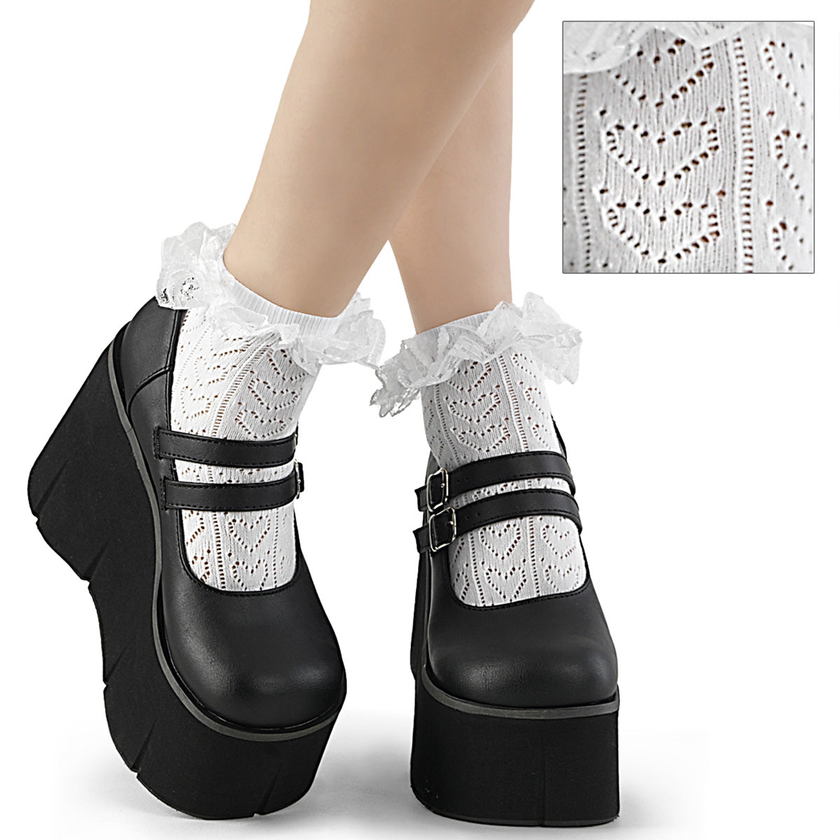 DemoniaCult DH-15 Heart Net Ankle Hi Sock With Ruffle Trim Detail