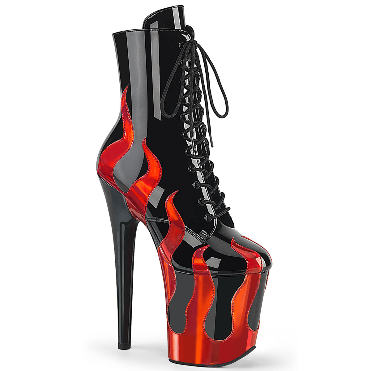 Pleaser Flamingo 1020FLM Womens 8 Inch Heel, Platform Front Lace Ankle Length Pole Dance Boots with Red Flames