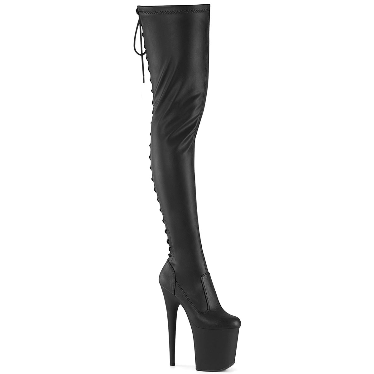 Pleaser Flamingo 3850 Womens 8 Inch Heel, Platform Back Lace, Stretch Fit Thigh Length Pole Dance Boots
