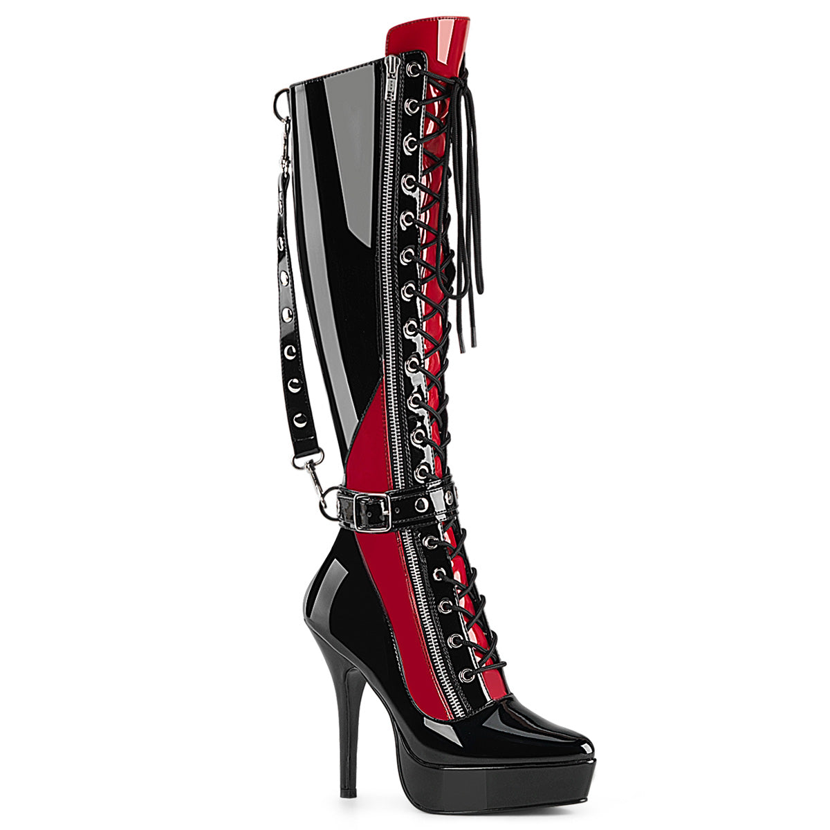 Devious Indulge 2028 Womens 5 1/4 Inch Heel, Platform Front Lace Knee High Boots with Buckles