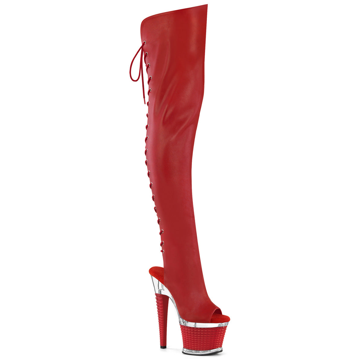 Pleaser Spectator 3030 Womens 7" Heel, Platform Back Lace Thigh Length Peep-Toe Boots
