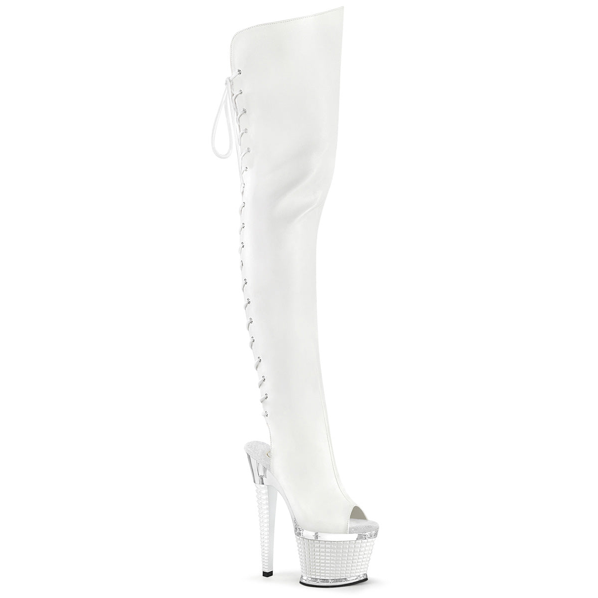 Pleaser Spectator 3030 Womens 7" Heel, Platform Back Lace Thigh Length Peep-Toe Boots