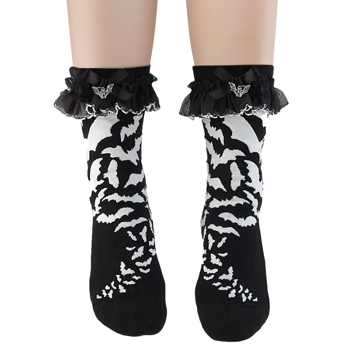 DemoniaCult DH-01 Black and White Bat Print Ankle Socks