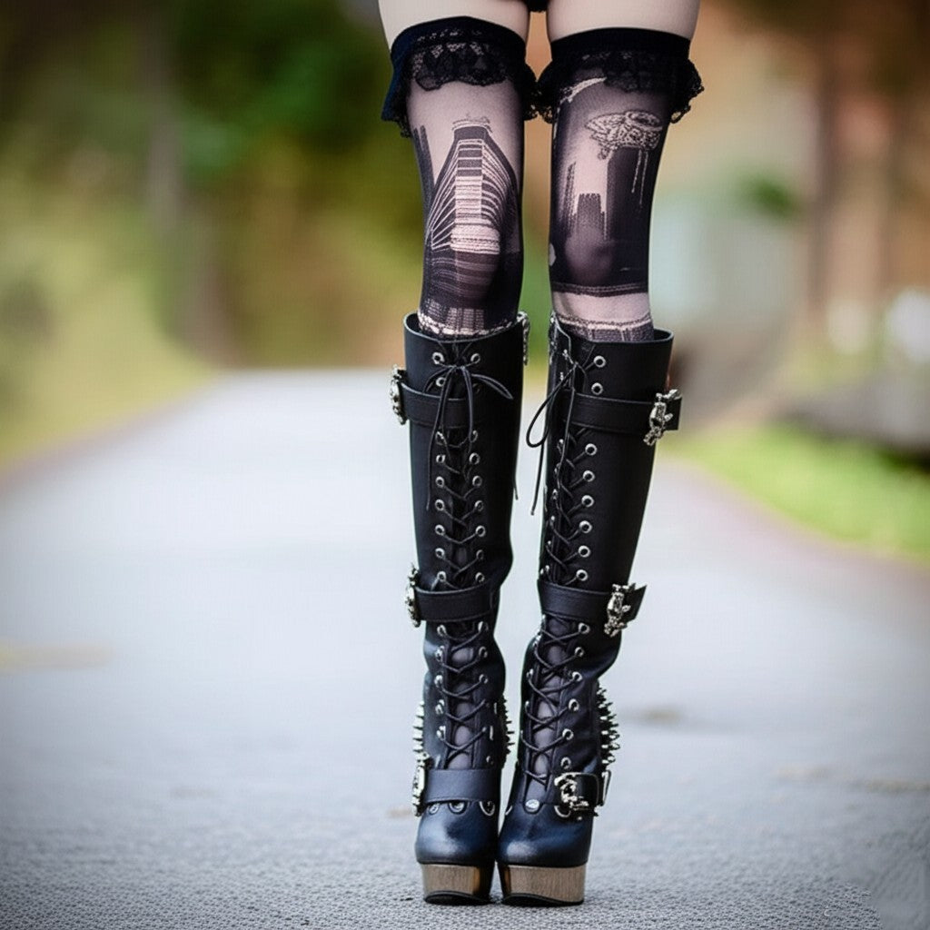 DemoniaCult Muerto 2028 Womens 5 1/2" Heel, Platform Calf Length Boots