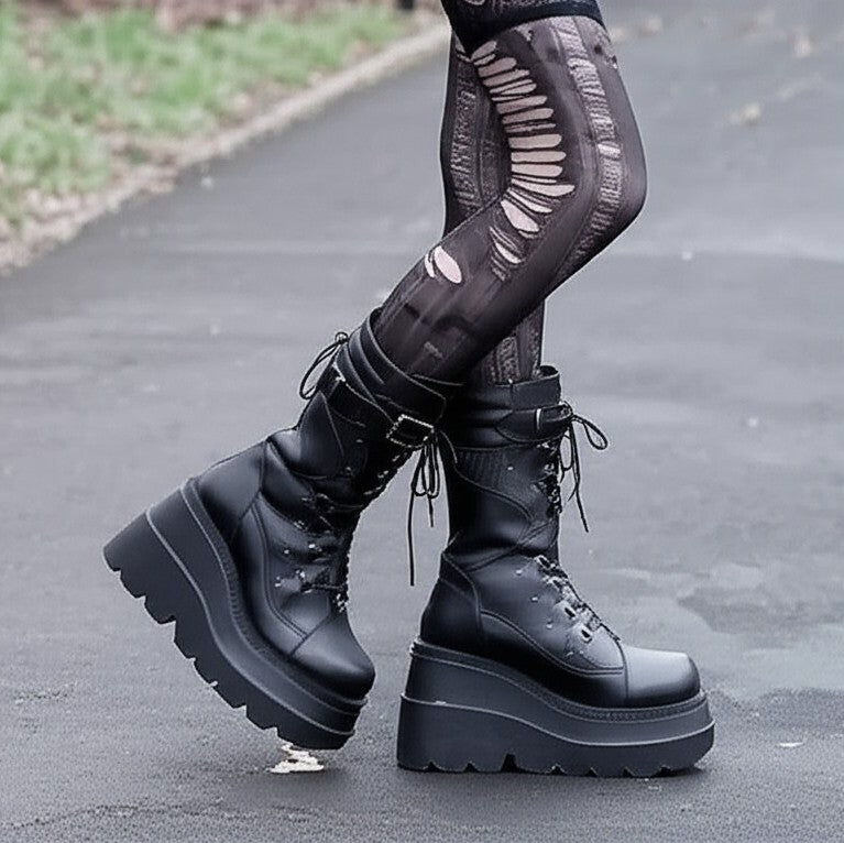 DemoniaCult Shaker 70 Womens Platform Calf Length Boots From