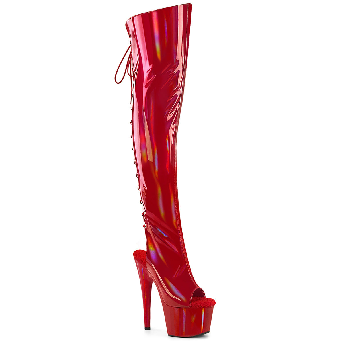 Pleaser Adore 3019HWR Womens 7" Heel, Platform Stretch Fit, Back Lace Peep-Toe Thigh Pole Dance Boots