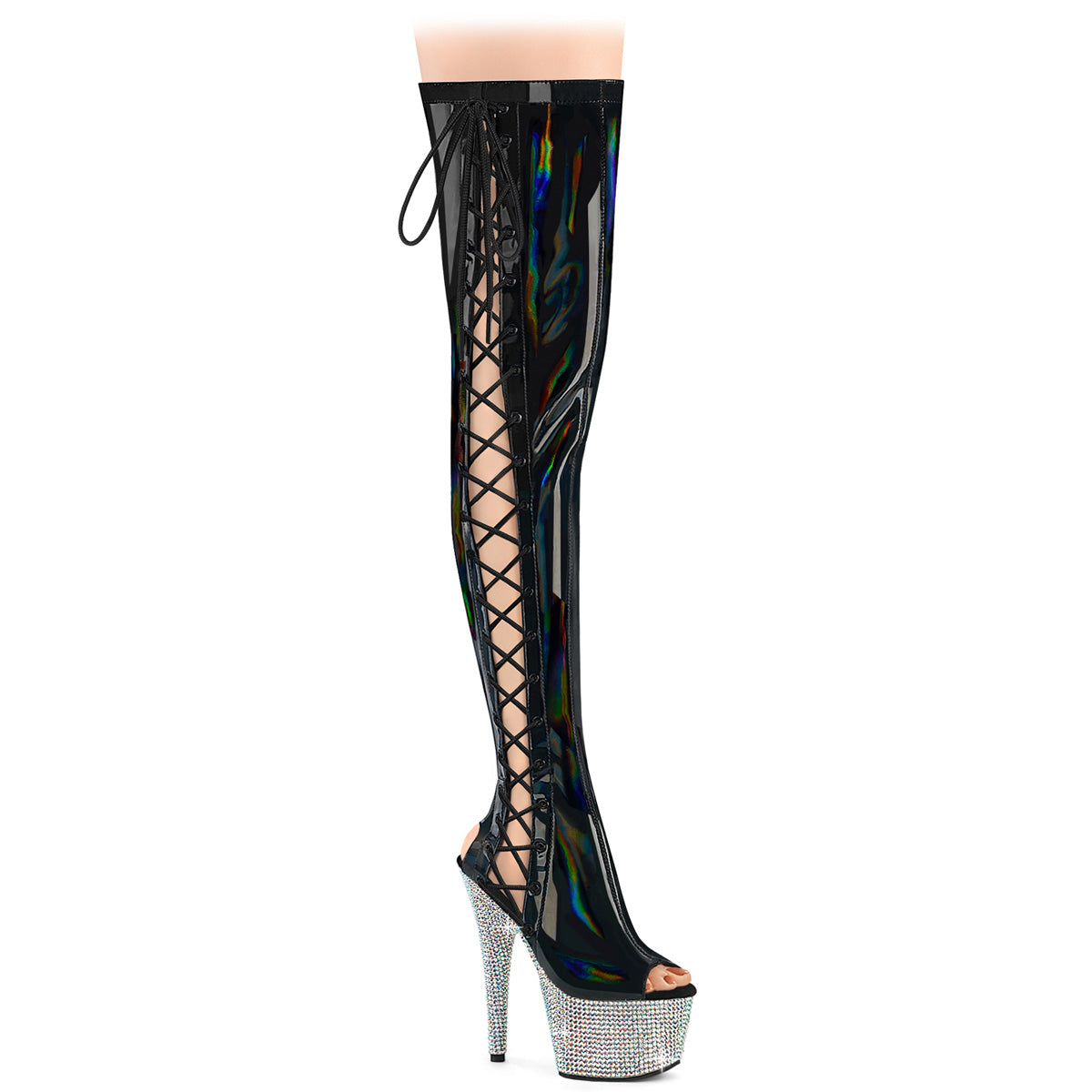 Pleaser Bejeweled 3052HG-7 Womens 7" Heel, Platform Side Lace Thigh Length Peep-Toe Boots