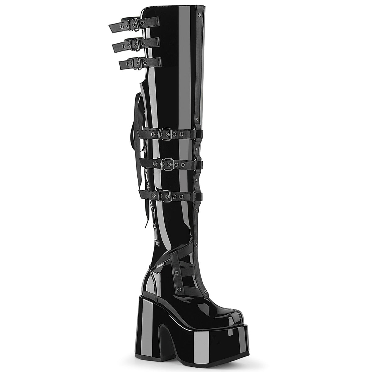 DemoniaCult Camel 308 Womens 5" Heel, Platform Back Ribbon Lace, Thigh-High-Boots with Buckle Straps