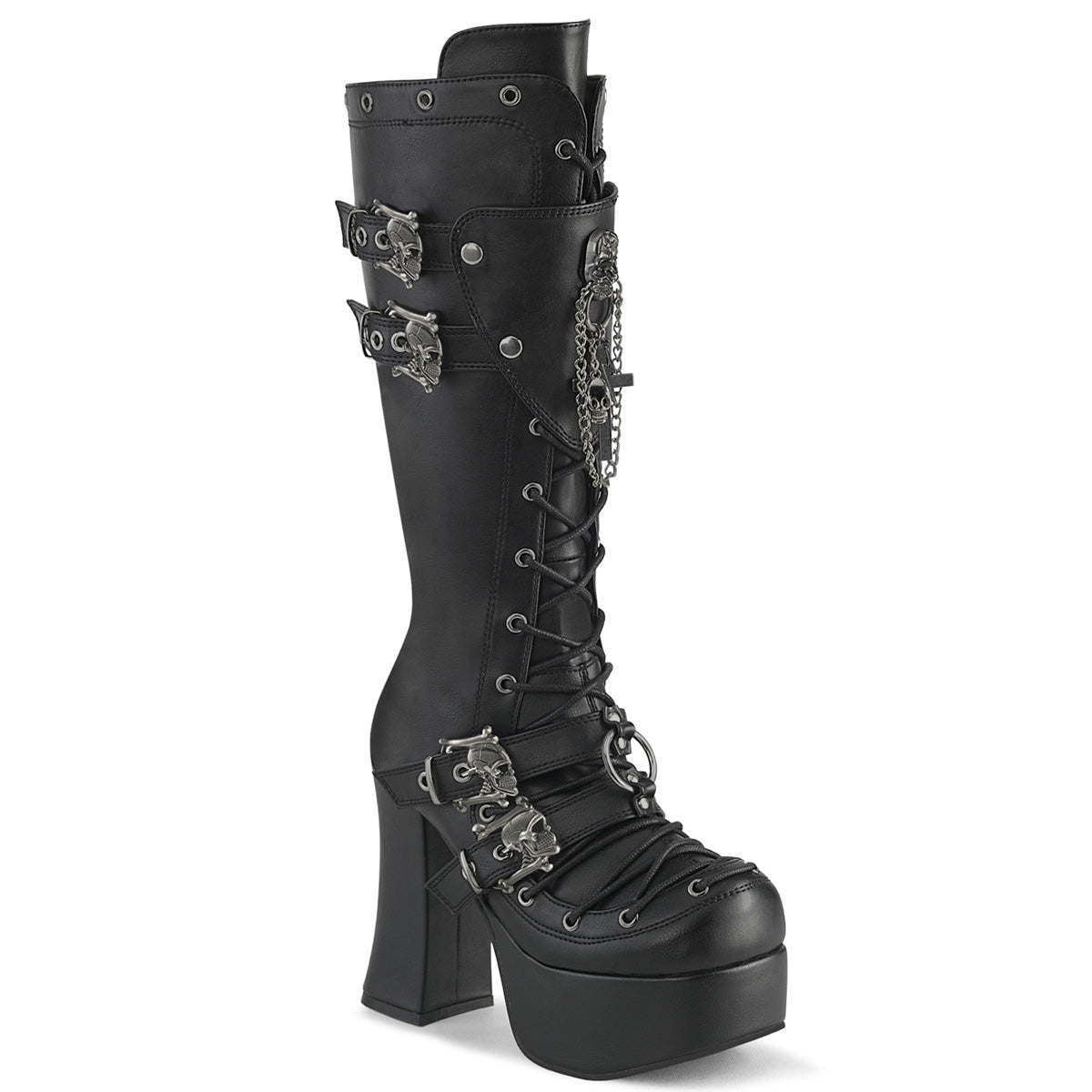 DemoniaCult Charade 230 Womens 4 1/2" Heel, Platform Front Lace Knee High Boots with Buckles