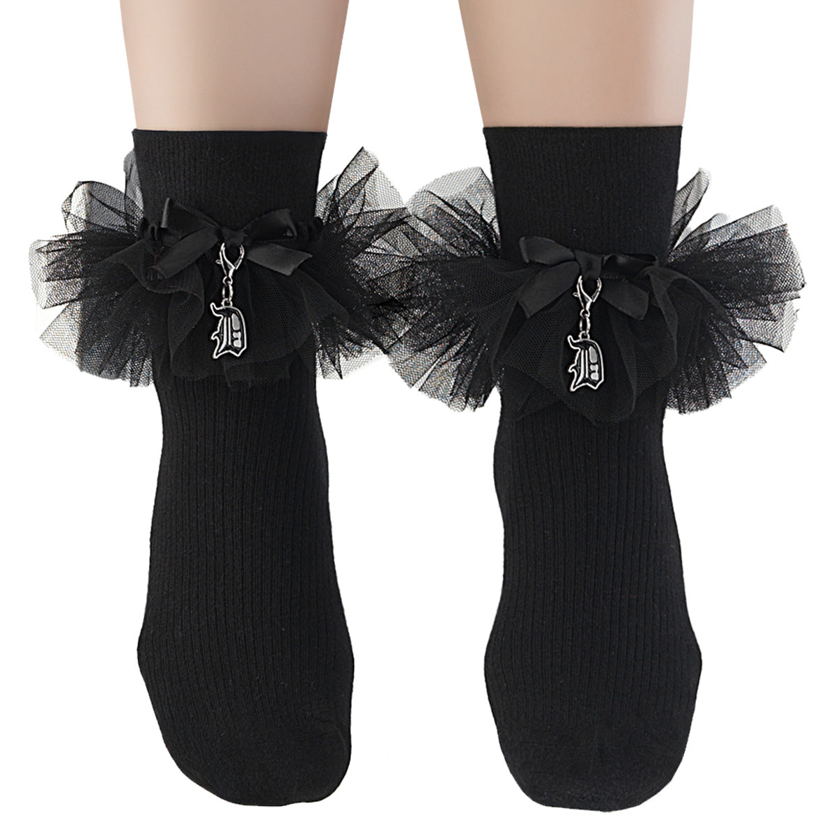 DemoniaCult DH-102 Black Ruffle Sock Nylon & Spandex with D Charm