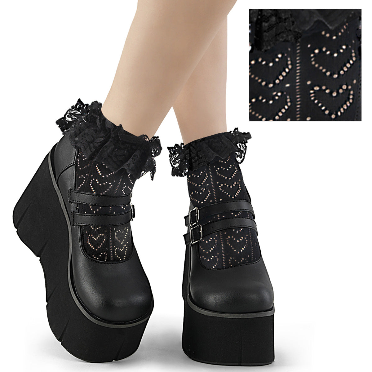 DemoniaCult DH-15 Heart Net Ankle Hi Sock With Ruffle Trim Detail