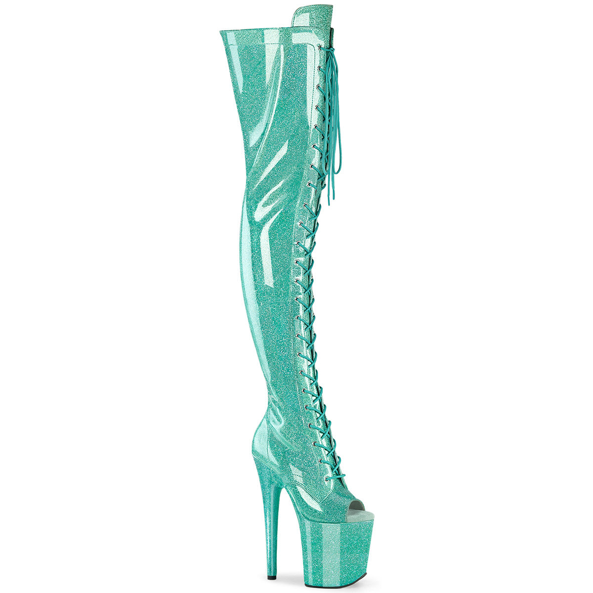 Pleaser Flamingo 3021GP Womens 8 Inch Heel, Platform Front Lace Thigh-High Peep-Toe Pole Dance Boots