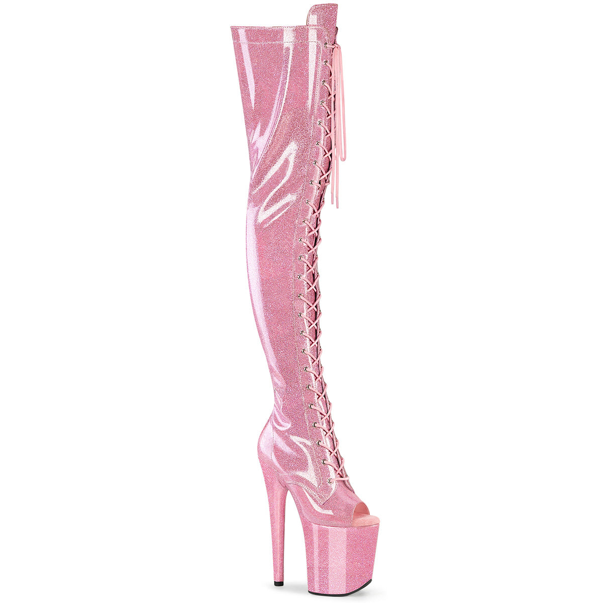 Pleaser Flamingo 3021GP Womens 8 Inch Heel, Platform Front Lace Thigh-High Peep-Toe Pole Dance Boots