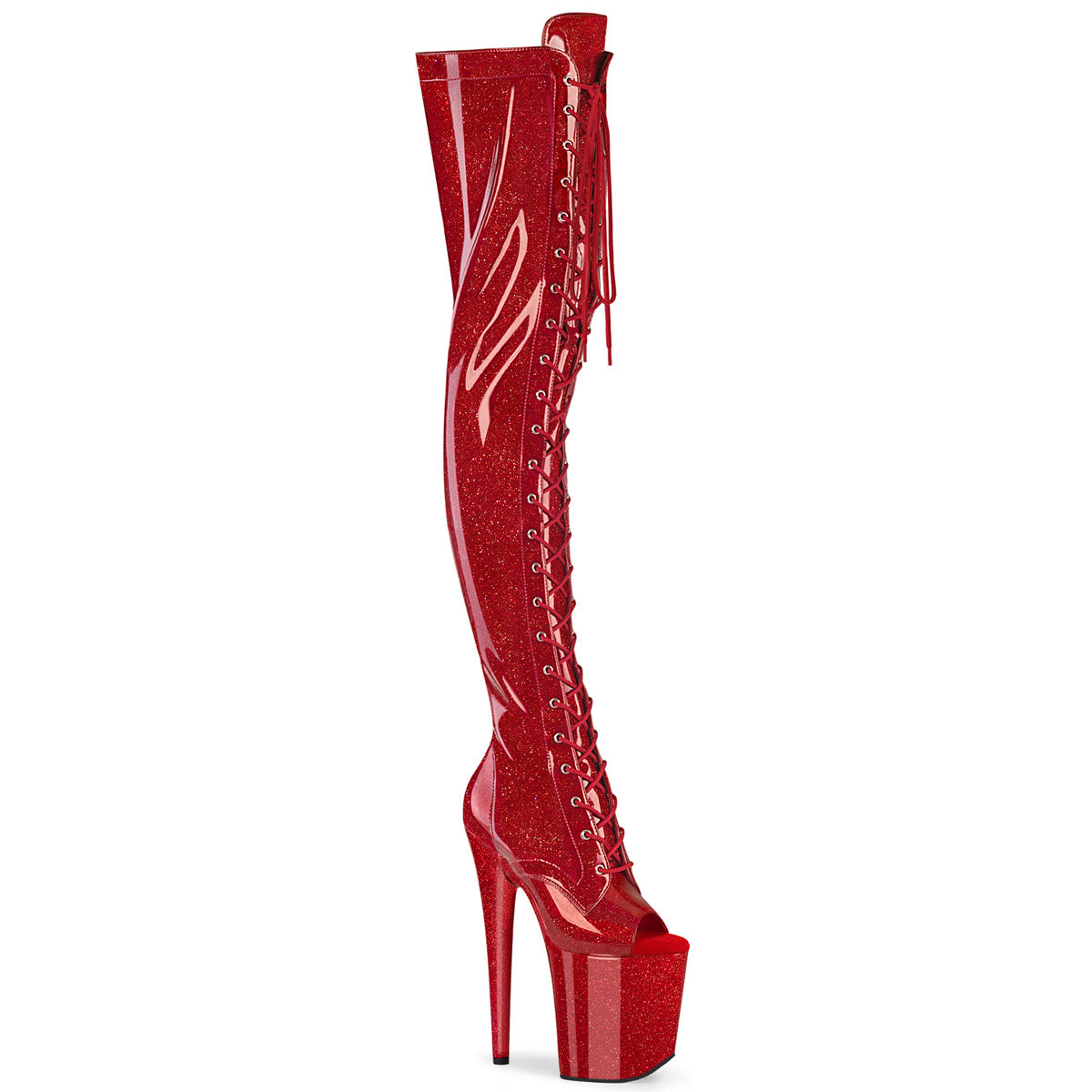 Pleaser Flamingo 3021GP Womens 8 Inch Heel, Platform Front Lace Thigh-High Peep-Toe Pole Dance Boots