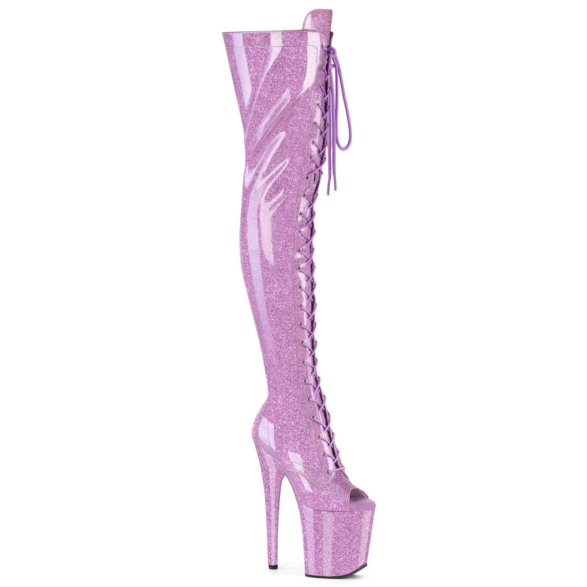 Pleaser Flamingo 3021GP Womens 8 Inch Heel, Platform Front Lace Thigh-High Peep-Toe Pole Dance Boots