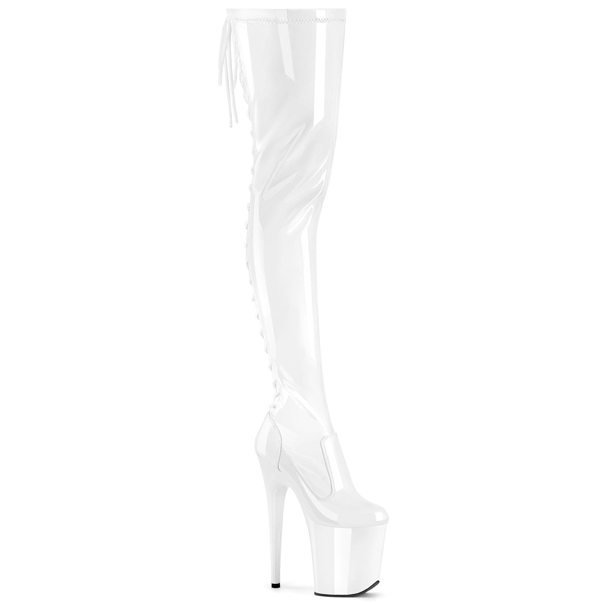 Pleaser Flamingo 3850 Womens 8 Inch Heel, Platform Back Lace, Stretch Fit Thigh Length Pole Dance Boots