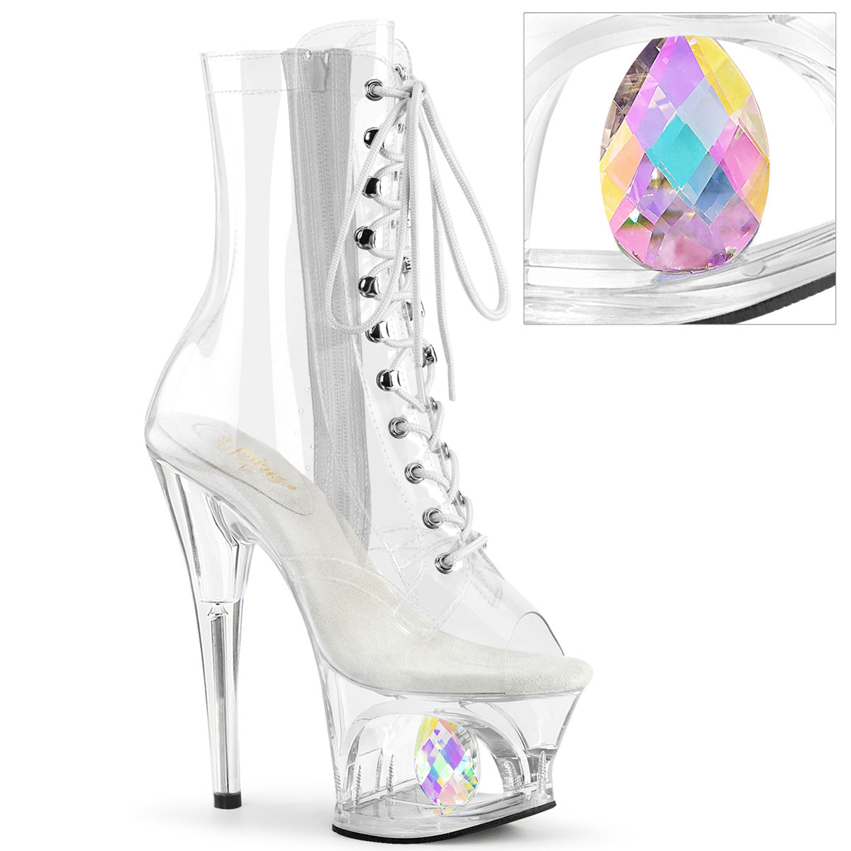 Pleaser Moon 1021-C-Dia Womens 7" Heel, Front Lace, Cut-Out Platform Peep-Toe Ankle Boots