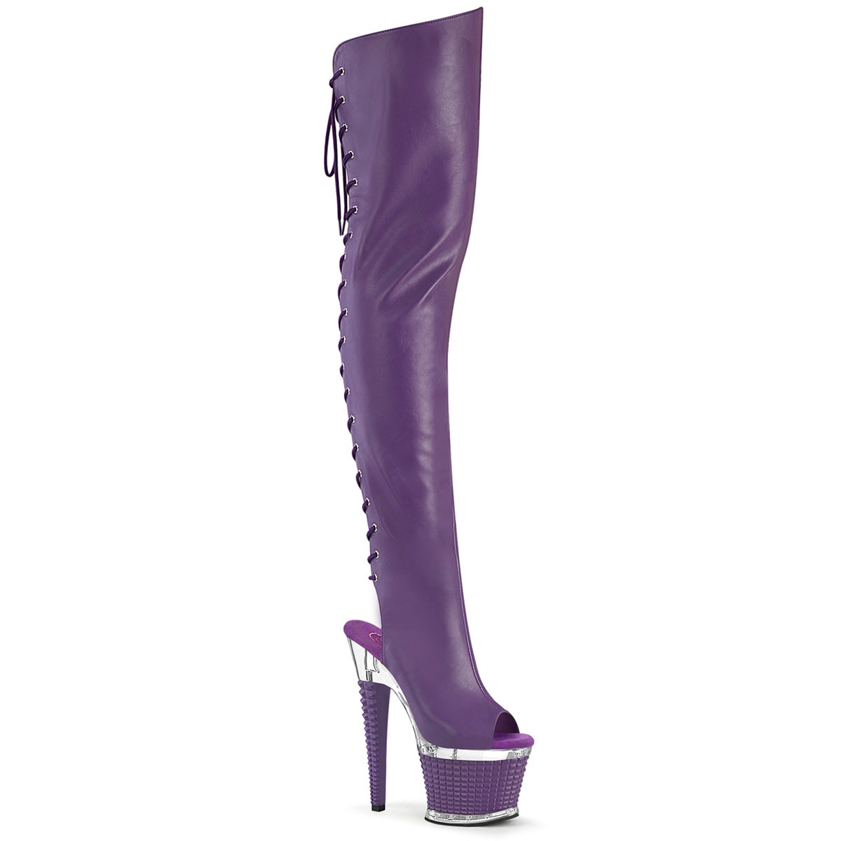Pleaser Spectator 3030 Womens 7" Heel, Platform Back Lace Thigh Length Peep-Toe Boots