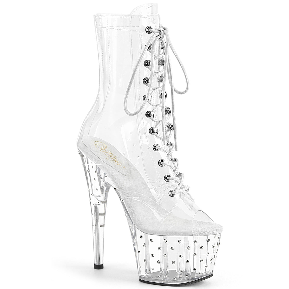 Pleaser Stardust 1021C-7 Womens 7" Heel, Platform Front Lace Peep-Toe Ankle Boots