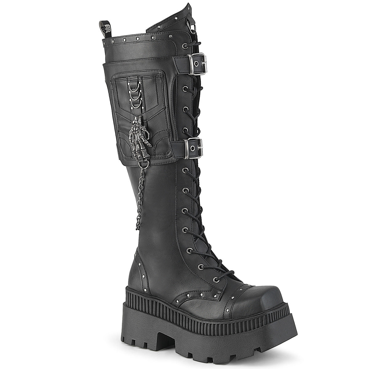 DemoniaCult Wrath 205 Womens 3 1/4 Inch Heel, Platform Front Lace Knee Length Boots with Buckles
