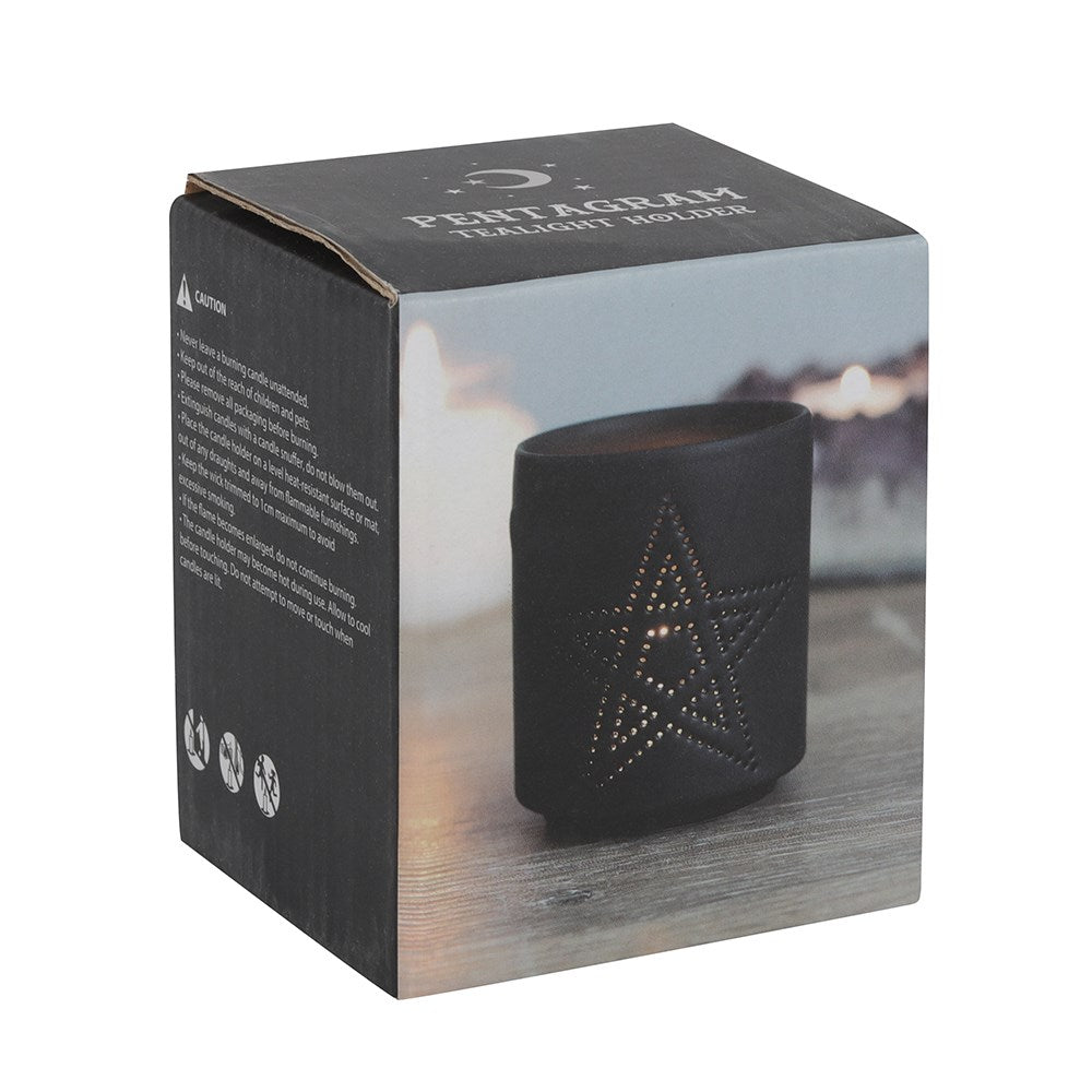 Black Ceramic Small Pentagram Cut Tealight Holder - GothandAlternative